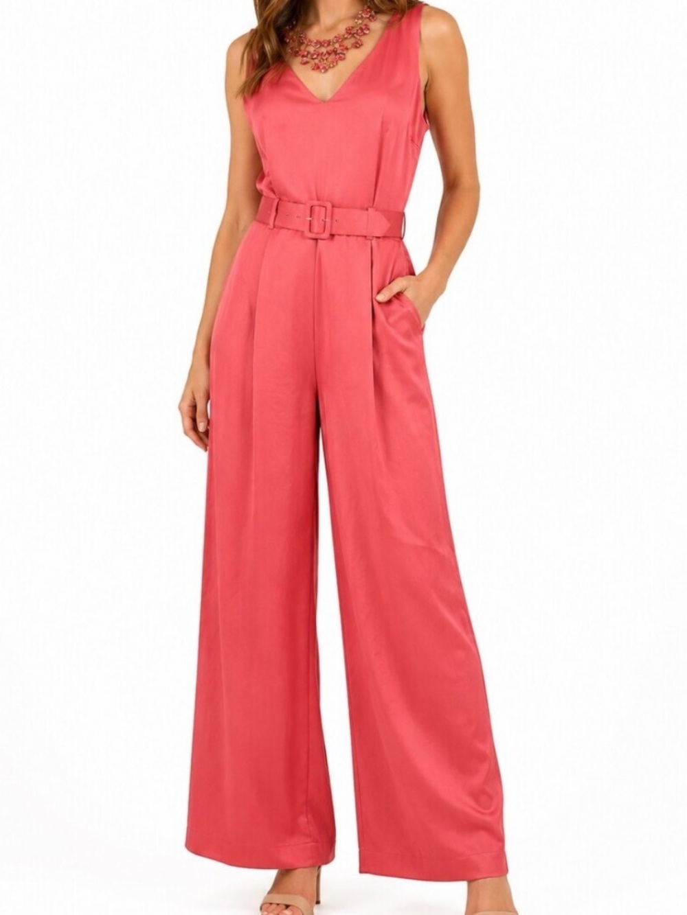 Antonio Melani Pink Wide Leg Jumpsuit Belted Sleeveless V Neck Size 4